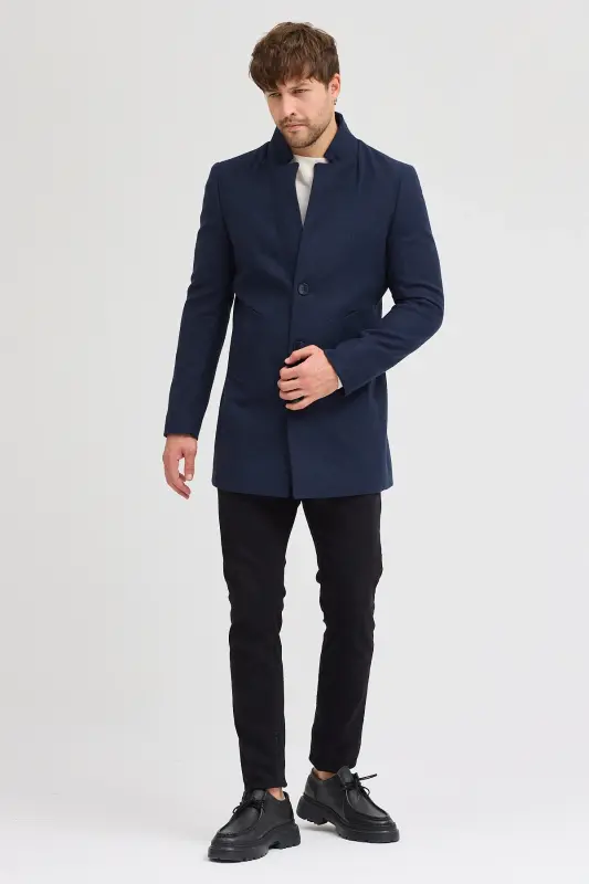 Erkak to'q ko'k slim fit tik yoqali kasha palto - to'q ko'k - 7