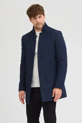 Erkak to'q ko'k slim fit tik yoqali kasha palto - to'q ko'k - 4