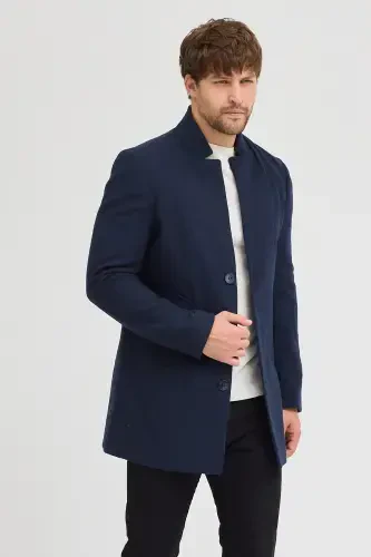 Erkak to'q ko'k slim fit tik yoqali kasha palto - to'q ko'k - 5