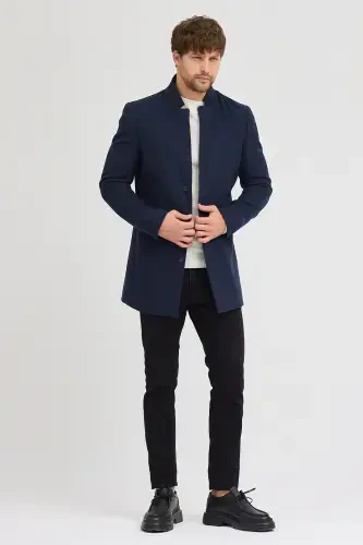 Erkak to'q ko'k slim fit tik yoqali kasha palto - to'q ko'k - 6