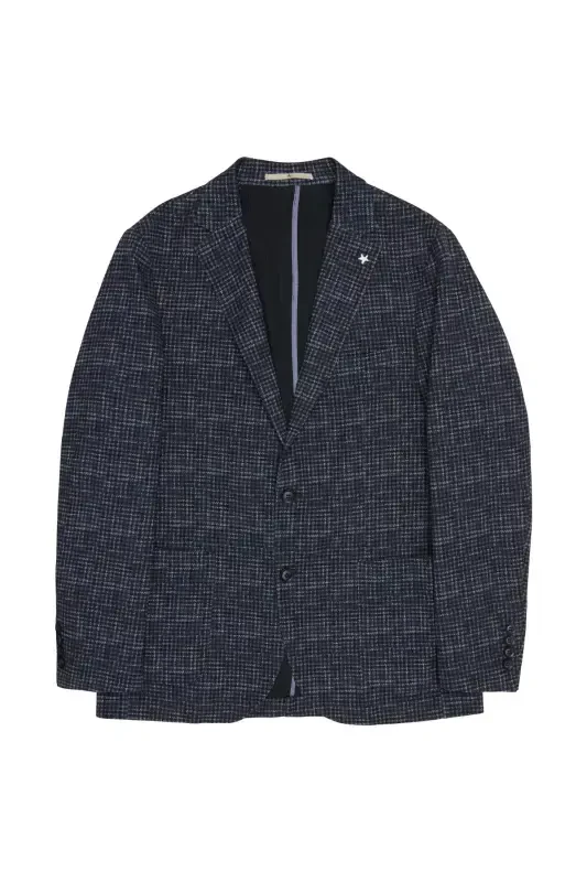 Erkak to‘q ko‘k slim fit tor kesimli mono yoqali g‘oz panjasi naqshli blazer ko‘ylagi - to‘q ko‘k - 2