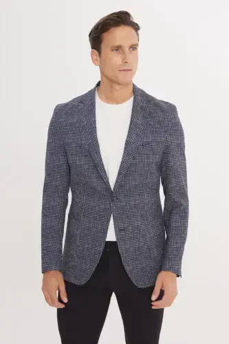 Erkak to‘q ko‘k slim fit tor kesimli mono yoqali g‘oz panjasi naqshli blazer ko‘ylagi - to‘q ko‘k - 4