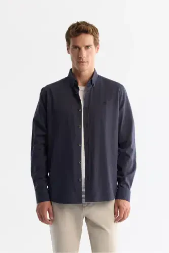 Erkak To'q ko'k tugmali yoqa 100% paxta ko'ylak B002033-To'q ko'k - 1