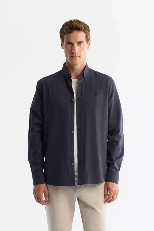 Erkak To'q ko'k tugmali yoqa 100% paxta ko'ylak B002033-To'q ko'k - AVVA