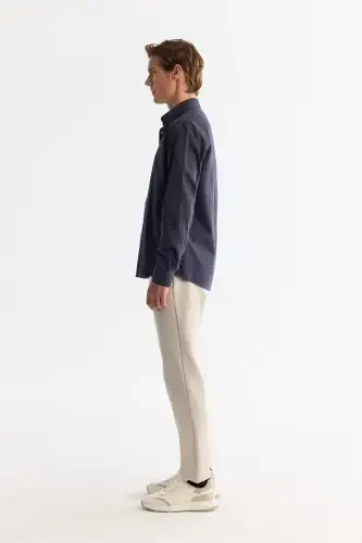 Erkak To'q ko'k tugmali yoqa 100% paxta ko'ylak B002033-To'q ko'k - 3