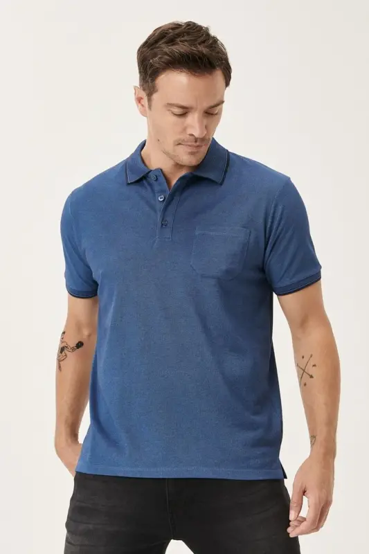 Erkak tortmaydigan paxta mato Comfort Fit qulay bichimli Laci-indigo bukilmaydigan polo yoqali cho'ntakli futbolka-LACI - 4