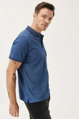 Erkak tortmaydigan paxta mato Comfort Fit qulay bichimli Laci-indigo bukilmaydigan polo yoqali cho'ntakli futbolka-LACI - 5