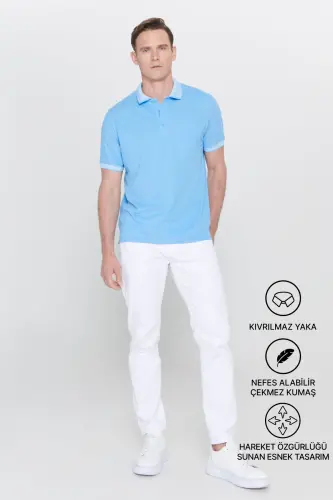 Erkak tortmaydigan paxta mato Regular Fit qulay kesimli ko'k buklanmaydigan polo yoqali cho'ntakli futbolka-ko'k 