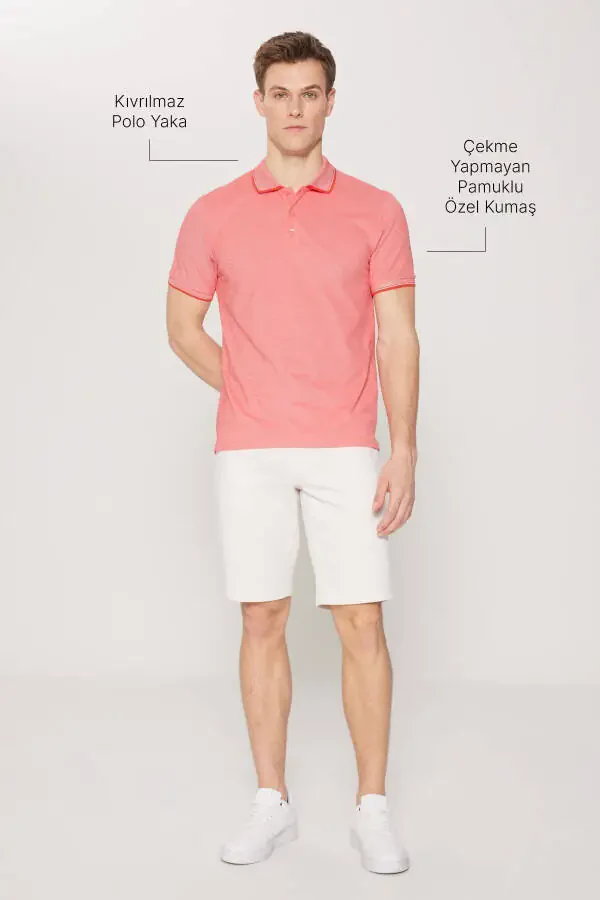 Erkak tortmaydigan paxta mato Slim Fit tor bichimli anor guli-oq ajinlanmaydigan polo yoqali futbolka - 3