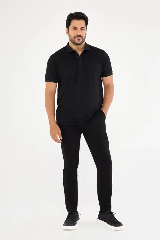 Erkak tortmaydigan paxta mato Slim Fit tor bichimli qop-qora bukilmaydigan polo yoqali futbolka - 4