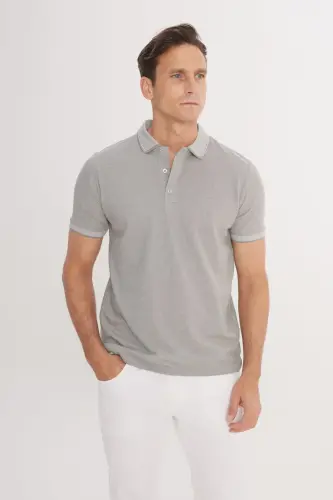 Erkak tortmaydigan paxta mato Slim Fit tor kesilgan kulrang burmalanmaydigan polo yoqali futbolka - Kulrang - 4