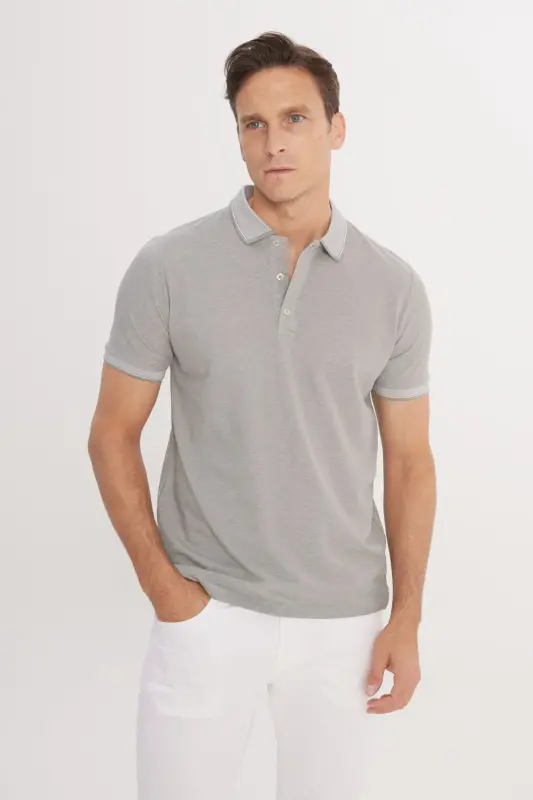 Erkak tortmaydigan paxta mato Slim Fit tor kesilgan kulrang burmalanmaydigan polo yoqali futbolka - Kulrang - AC&CO / ALTINYILDIZ CLASSICS