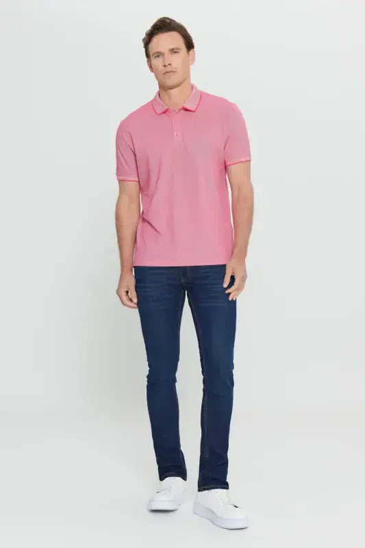 Erkak tortmaydigan paxta mato Slim Fit tor kesim fuchsia-oq burmalanmaydigan polo yoqali futbolka-FUSYA - 2