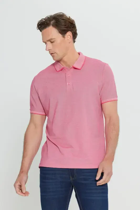 Erkak tortmaydigan paxta mato Slim Fit tor kesim fuchsia-oq burmalanmaydigan polo yoqali futbolka-FUSYA - 4
