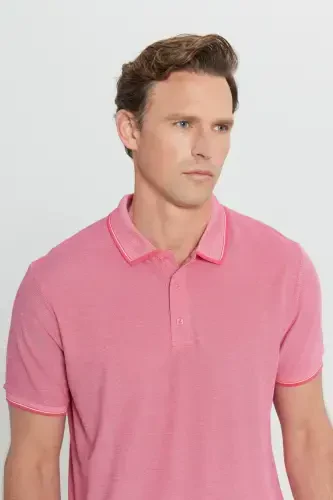 Erkak tortmaydigan paxta mato Slim Fit tor kesim fuchsia-oq burmalanmaydigan polo yoqali futbolka-FUSYA - 5