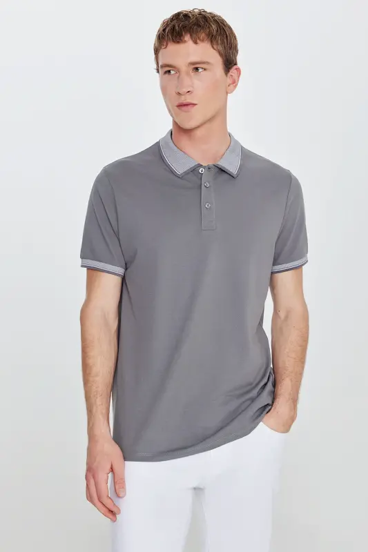Erkak tortmaydigan paxta mato Slim Fit tor kesim kulrang burmalanmaydigan polo yoqali futbolka-GRI - 3