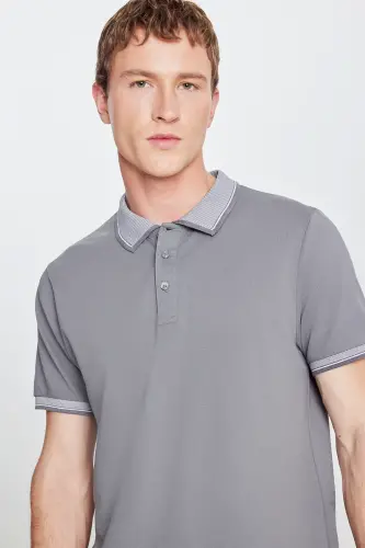 Erkak tortmaydigan paxta mato Slim Fit tor kesim kulrang burmalanmaydigan polo yoqali futbolka-GRI - 7