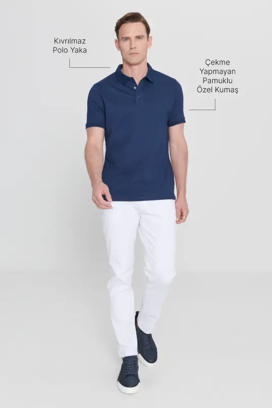 Erkak Tortmaydigan Paxta Mato Slim Fit Tor Kesim To'q ko'k Qayrilmaydigan Polo Yoqali Ko'ylak-LACI - 6