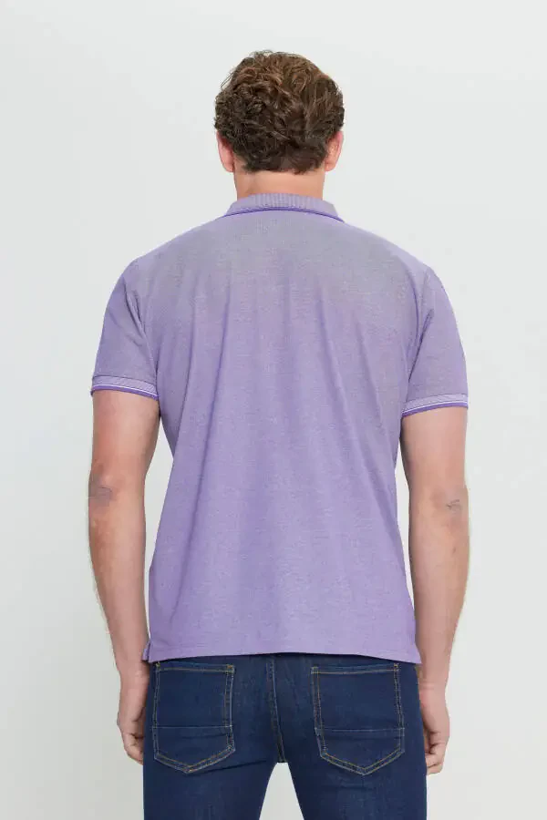 Erkak tortmaydigan paxta mato Slim Fit tor kesimli binafsha-oq burmalanmaydigan polo yoqali futbolka - 6