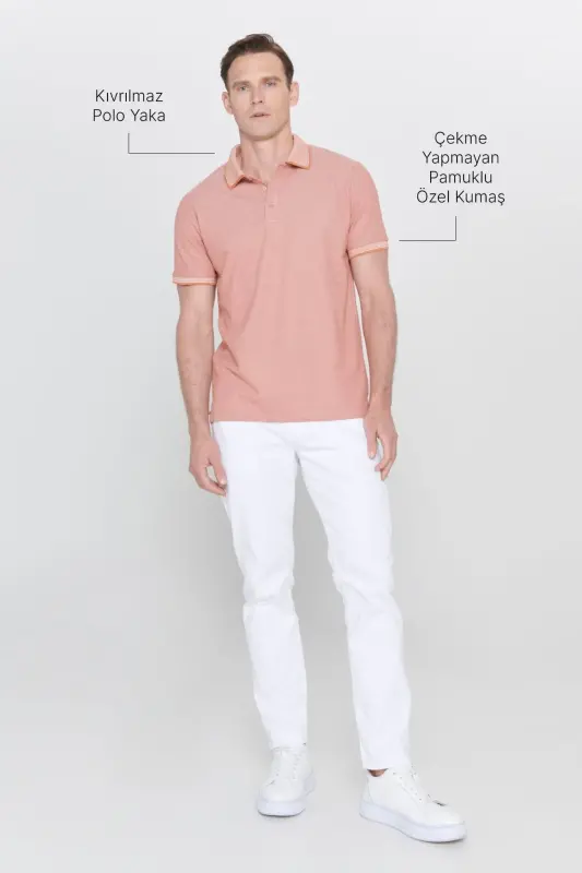 Erkak tortmaydigan paxta mato Slim Fit tor kesimli g'isht-bej burmalanmaydigan polo yoqali futbolka-G'ISHT - 4