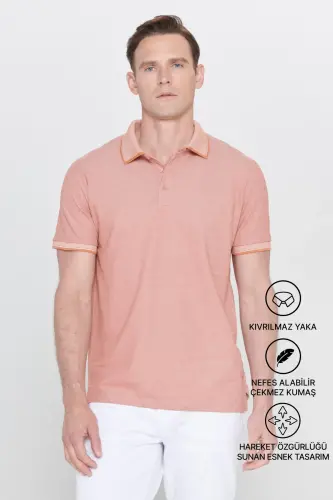 Erkak tortmaydigan paxta mato Slim Fit tor kesimli g'isht-bej burmalanmaydigan polo yoqali futbolka-G'ISHT - 8