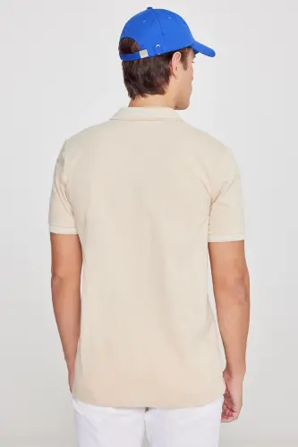 Erkak tortmaydigan paxta mato Slim Fit tor kesimli ochiq bej-oq burmalanmaydigan polo yoqali futbolka-A.BEJ - 7