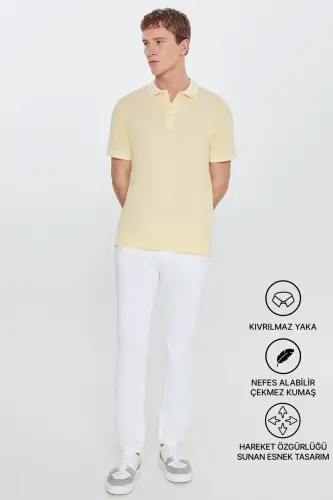 Erkak tortmaydigan paxta mato Slim Fit tor kesimli sariq-oq burmalanmaydigan polo yoqali futbolka - 10