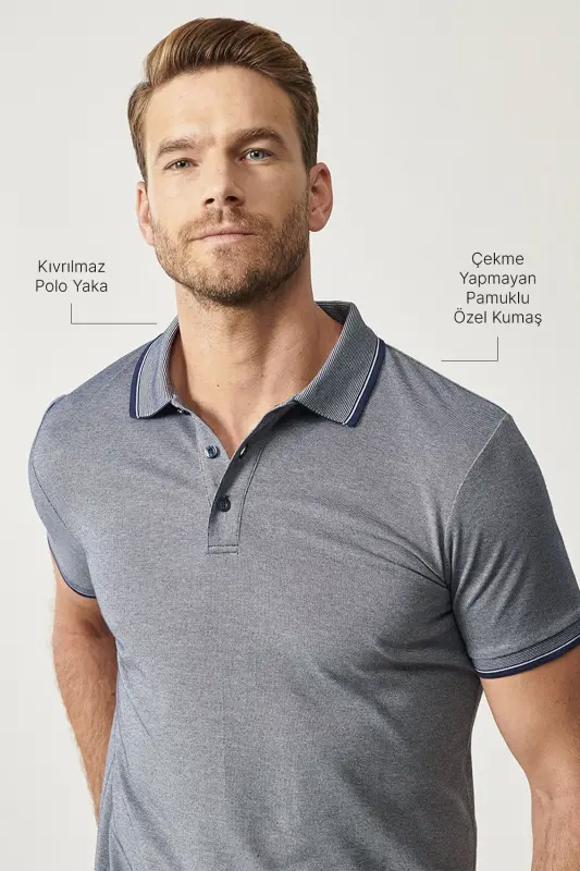 Erkak tortmaydigan paxta mato Slim Fit tor kesimli to'q ko'k buruşmaydigan polo yoqali futbolka - 6