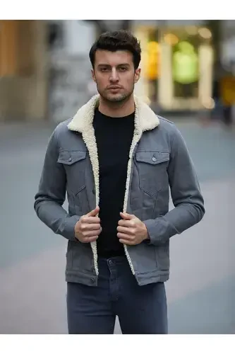 Erkak Trend Qishki Ichki Mo'ynali Kot Pidjak Kulrang-KULRANG - 1