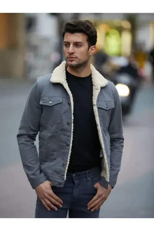 Erkak Trend Qishki Ichki Mo'ynali Kot Pidjak Kulrang-KULRANG - 2