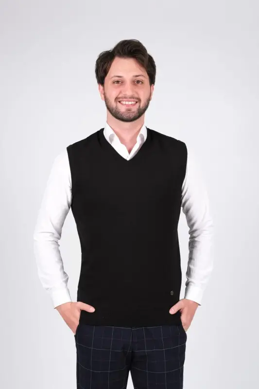 Erkak triko sviter V yoqali qora rang bel lastikli - 1