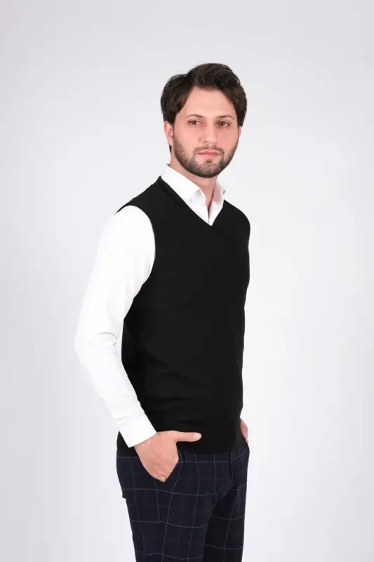 Erkak triko sviter V yoqali qora rang bel lastikli - 2