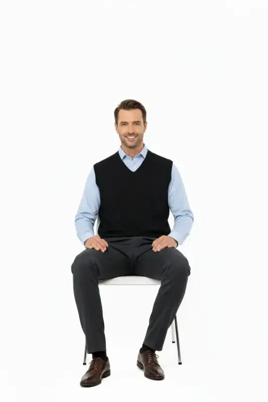 Erkak V yoqali tekis rangli klassik model qulay kesimli to'liq bichimli ingichka junli to'quv sviter-qora - 3