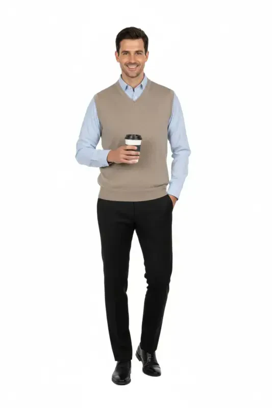 Erkak V yoqali tekis rangli klassik model qulay kesimli to'liq bichimli ingichka junli to'quv sviter - sutli qahva - 4