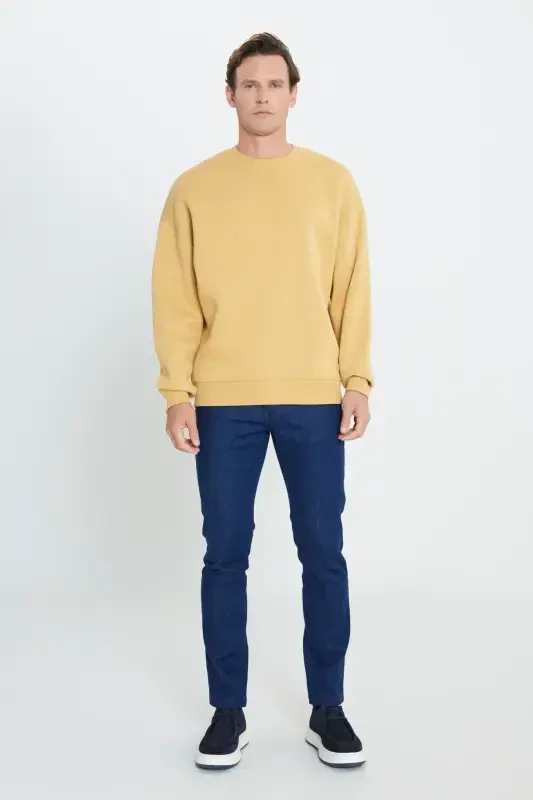 Erkak xantal oversize fit keng kesimli paxtalik ichi polarlik 3 ipli velosiped yoqali svitshot-xantal - 2