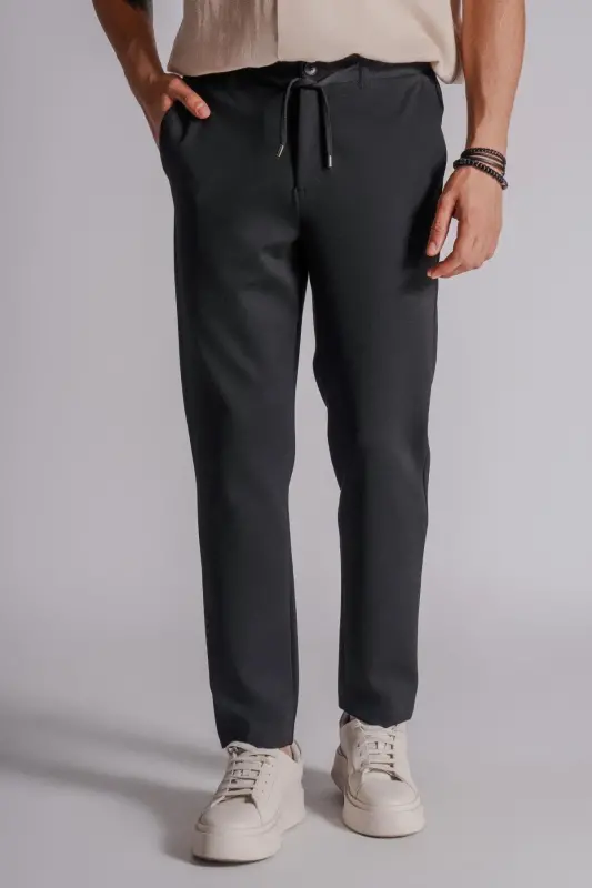 Erkak Yon cepki Beli rezinali Relaxed Fit Chino Shim Qora-QORA - 4