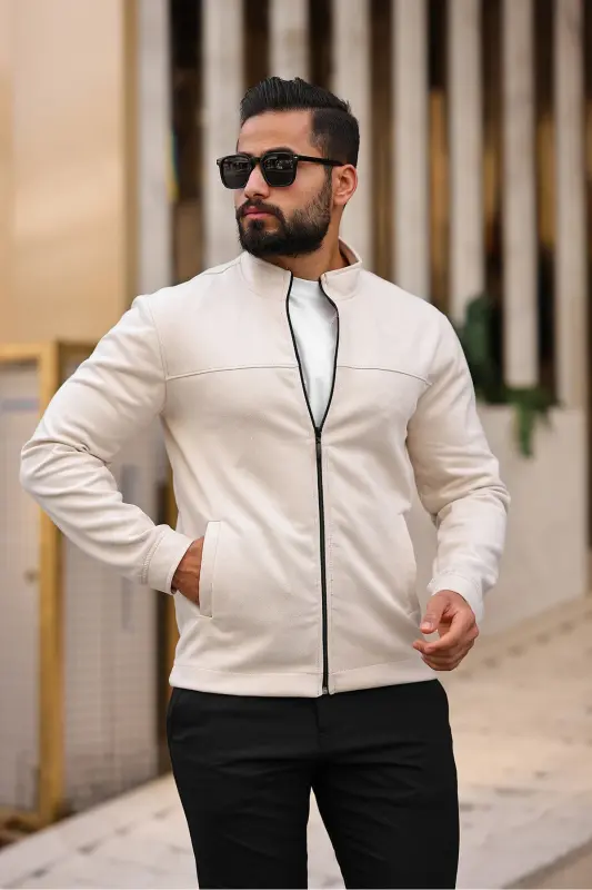 Erkak zamsh ingichka mavsumiy kurtka - KREM - 2
