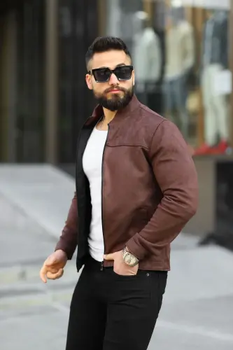Erkak zamsh ingichka mavsumiy kurtka-QAHVA - 2