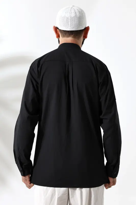 Erkaklar 100% Paxta Vual Qulay Kesim Yoqa Yarim Pat Qora Haj Umra Ko'ylak-Qora - 6
