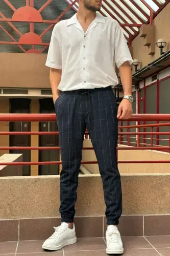 Erkaklar, belbog'li, katakli naqshli, Elastik mato, Plili detallar, Jogger shim 24INP199K-LACIVERT - 4