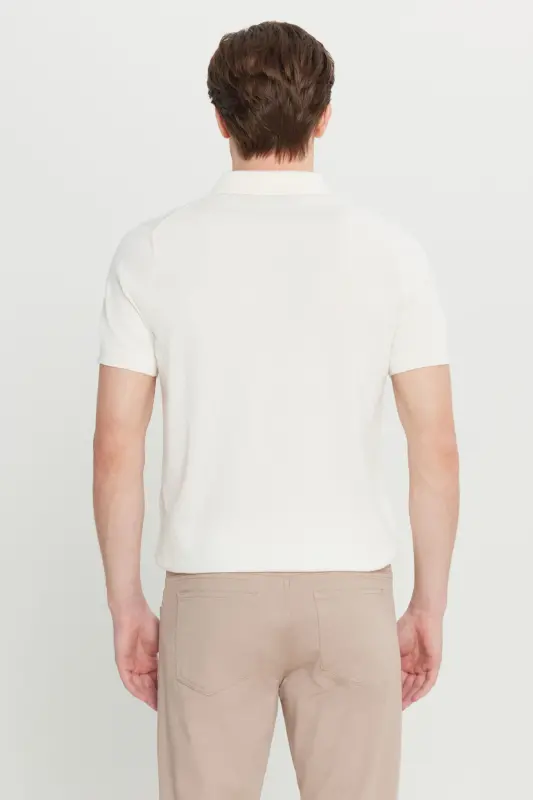 Erkaklar Ekru %100 Paxta Standart Fit Normal Kesim Polo Yoqali Triko Futbolka - 6