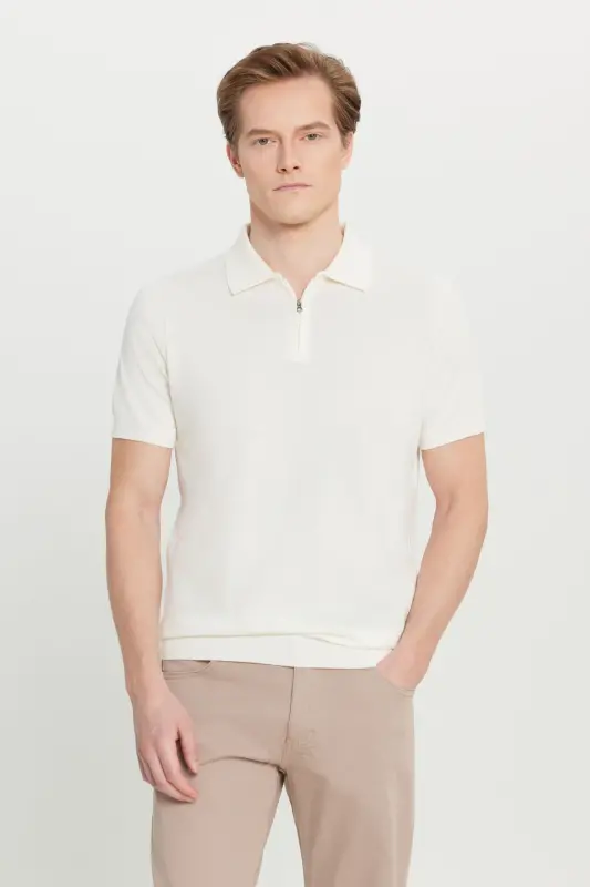Erkaklar Ekru %100 Paxta Standart Fit Normal Kesim Polo Yoqali Triko Futbolka - 9