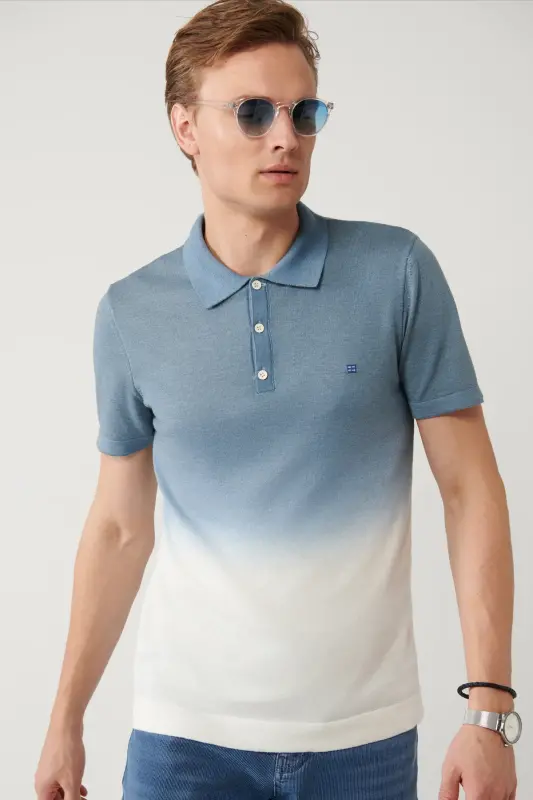 Erkaklar Indigo Polo Yaka Triko T-shirt - AVVA
