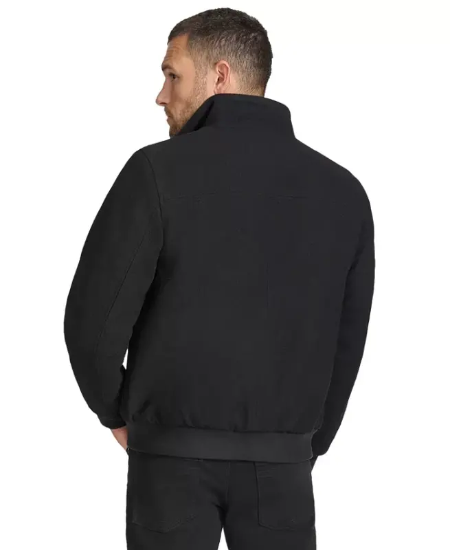 Men's Wool Bomber Jacket With Knit Trim-Black - 2
