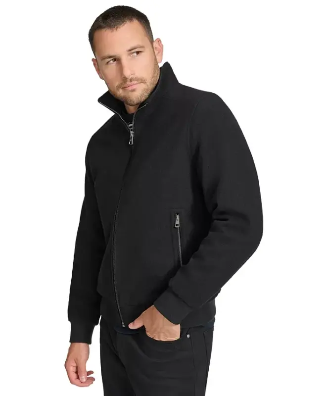 Men's Wool Bomber Jacket With Knit Trim-Black - 3