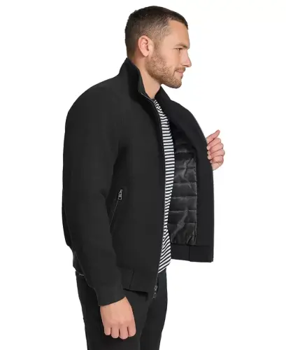 Men's Wool Bomber Jacket With Knit Trim-Black - 4