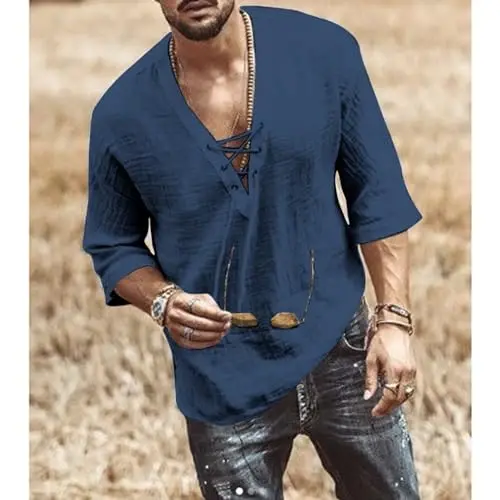 Erkaklar moda ko'ylagi kalta yengli plyaj V-bo'yinli bog'ichli bosma yoga afrika yozgi top - MEN'S (1)