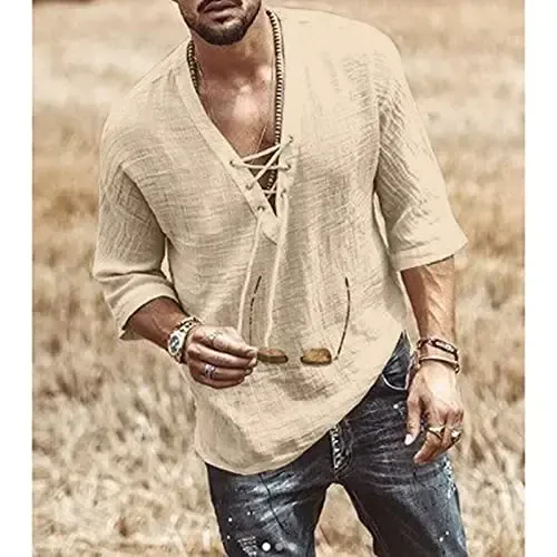 Erkaklar moda ko'ylagi qisqa yengli plyaj V-bo'yinli bog'ichli bosma yoga Afrika yozgi top - MEN'S (1)