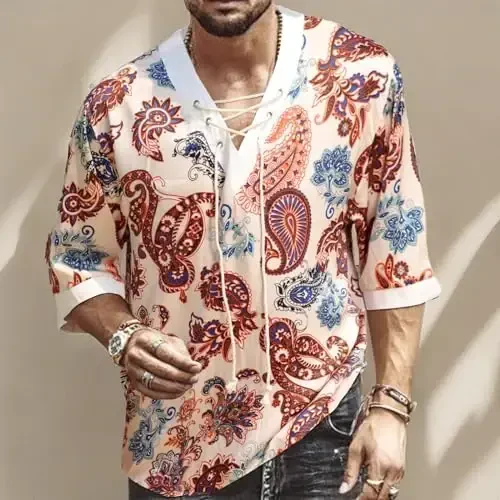 Erkaklar moda ko'ylagi qisqa yengli plyaj V-bo'yinli torli bosma yoga afrika yozgi top - 3