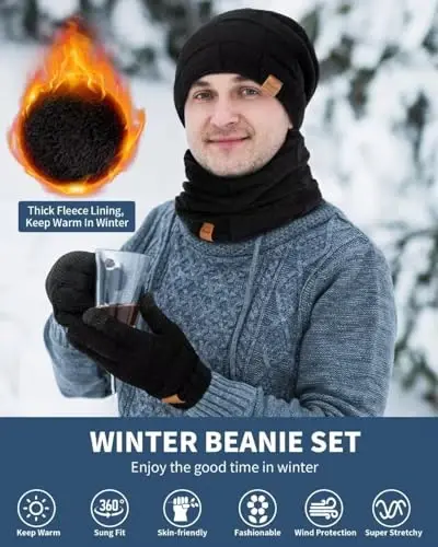 Erkaklar shlyapa, sharf va qo'lqoplar to'plami Qishki, termal jun bilan qoplangan Slouchy Beanie bo'yin sharflari Sensorli ekranli qo'lqoplar, 3 in 1 iliq to'plam - 5